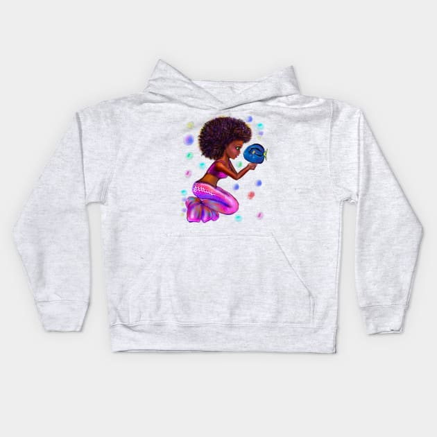 Black anime mermaid with blue tang fish and bubbles. Pretty black girl with Afro hair, green eyes, Cherry pink lips and dark brown skin. Hair love ! Kids Hoodie by Artonmytee
